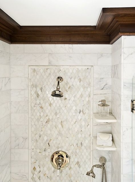 Splendor in the Bath. Walk in Shower. New Master Bath Ideas, Shower Tile Focal Wall, Off White Bathroom Tile, Vintage Guest Bathroom, Master Bath Shower Tile, Bathroom Rehab, Future Bathroom, Marble Bathroom Designs, Flooded House