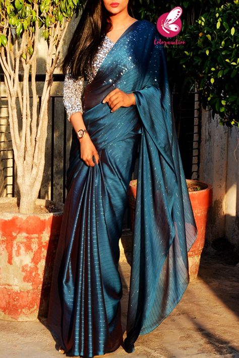 Teal Satin Saree, Blouse Ideas For Satin Saree, Teal Blue Blouse Designs, Satin Sarees With Designer Blouses, Designer Georgette Sarees Party Wear, New Designer Saree, Silver Blouses For Saree, Georgette Saree Draping Styles, Blue Farewell Saree