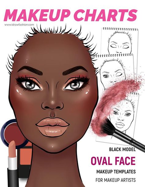 This Makeup chart template book consists of black models with oval-shaped faces. #fashionbooks #fashionillustrationbook #bookfashion #fashionsketchbook #fashionsketches #makeupcharts Face Shape Makeup, Triangle Face Shape, Makeup Chart, Square Face Makeup, Oval Face Makeup, Triangle Face, Oblong Face Shape, Makeup Charts, Round Face Makeup