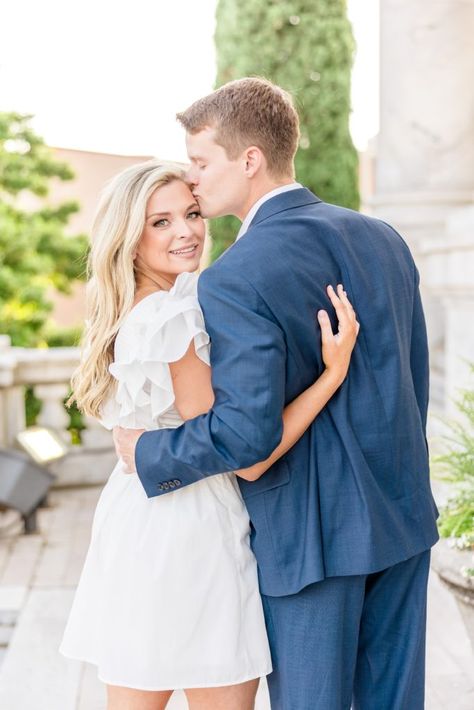 Blue Engagement Photos, Classy Formal Outfits, Engagement Photo Dresses, Casual Engagement Outfit, Classic Blue Suit, Wedding Anniversary Pictures, Laguna Gloria, Engagement Photo Dress, Engagement Session Posing