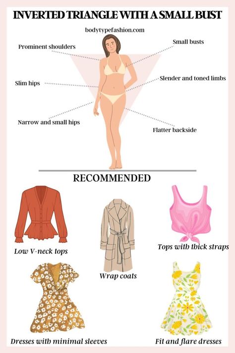 How to dress inverted triangle with a small bust - Fashion for Your Body Type Small Bust Fashion, Unique Body Features, Dresses For Broad Shoulders, Romantic Clothing Style, Triangle Body Shape Outfits, Inverted Triangle Outfits, Fashion Terminology, Triangle Dress, Inverted Triangle Body Shape