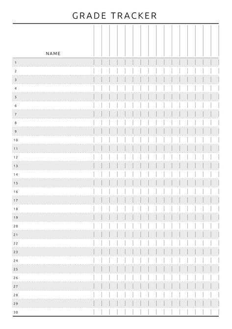 Printable grade book template in original style for school and college teachers. Plan your units, lessons or school terms and keep track of class academic progress. One page has 30 sections for 30 students and 16 columns for each lesson.  #lessonplantemplate #customteacherplanners #lessonplanner #digitalplanner #planneraddict Grading Sheets For Teachers, School Templates Printables, Planer For School, Grade Tracker Template, Study Templates Printables, Grade Tracker Printable, Student Grade Sheet, Grade Template, Gradebook Template