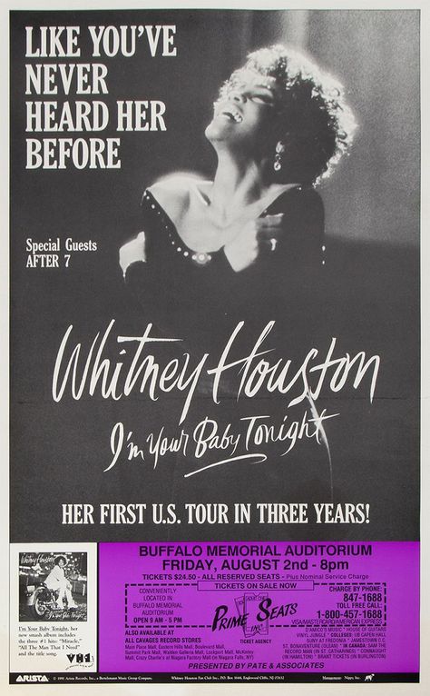 1991 Buffalo Memorial Auditorium Whitney Houston Concert, Houston Poster, Concert Poster, Rock Concert, Rock Posters, Whitney Houston, Record Store, Concert Posters, Classic Rock