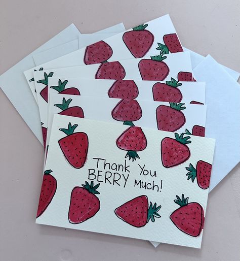 Send a personalized note using this hand painted strawberry pun thank you card. Comes in a set of five with envelopes. Cute Diy Thank You Cards, Painted Thank You Cards, Thank You Homemade Cards, Diy Thank You Cards Handmade, Homemade Thank You Cards, Thank You Cards Diy, Diy Thank You Cards, Painted Strawberry, Hand Painted Cards