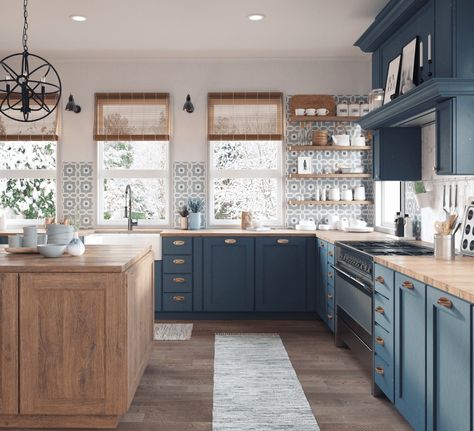 Two Toned Kitchen Cabinets Blue, Painted Old Kitchen Cabinets, Blue And Wood Kitchen, Paint My Kitchen Cabinets, Blue Tile Backsplash Kitchen, Blue Painted Cabinets, Two Toned Kitchen Cabinets, Paint Your Kitchen Cabinets, Painted Kitchens