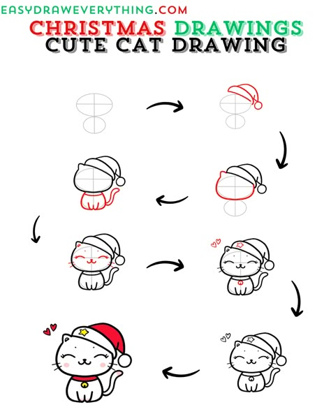 Cute christmas cat Christmas Cat Drawing Easy, Christmas Cat Doodle, Drawings Step By Step Easy, Christmas Cat Drawing, Draw A Cute Cat, Christmas Window Art, Christmas Drawing Ideas, Cute Christmas Cat, Easy Christmas Drawings