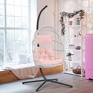 Brafab Pink Egg Chair with Stand Indoor Outdoor Swing Egg Chair, Patio Wicker Hanging Chair with Stand Hammock Egg Chairs with UV Resistant Cushion and Aluminum Steel Frame for Bedroom Balcony Garden Bedroom Hammock Chair, Hanging Chair With Stand, Hammock Chair Stand, Basket Chair, Fluffy Cushions, Hanging Egg Chair, Outdoor Bedroom, Patio Swing, Comfortable Furniture