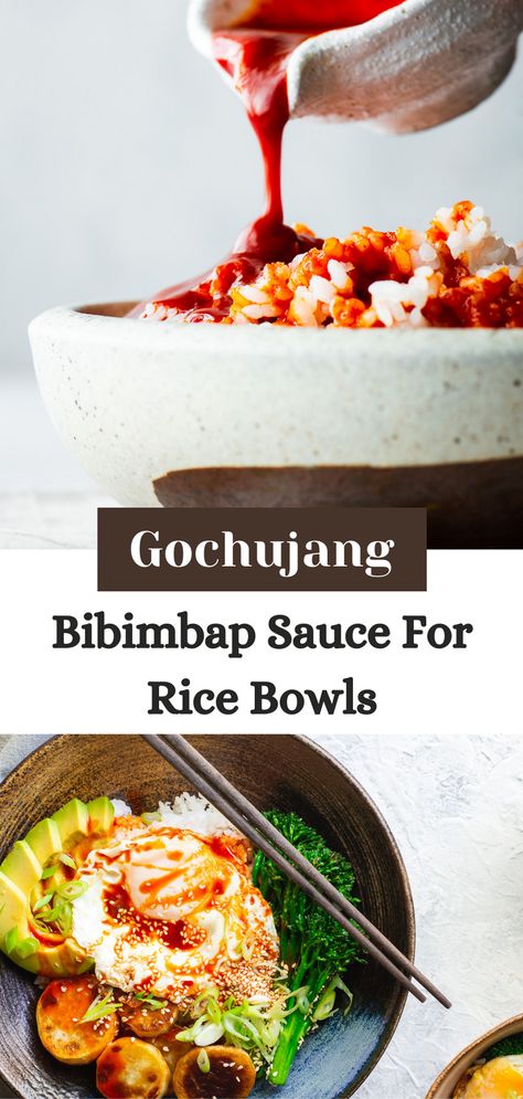 This easy Korean bibimbap sauce recipe is perfect for adding flavour and spice to any rice bowls! Made with gochujang sauce, sesame oil, and other simple ingredients, this sweet and spicy bibimbap sauce is the perfect accompaniment to marinated beef, chicken or tofu, a fried egg, assorted vegetables, and fluffy white rice. Whether you're a meat-lover or a vegan, this versatile sauce will turn your Asian-style rice bowl into a stand-out meal! Chicken Recipes Korean Style, Bim Bim Bap Sauce, Gochujang Rice Bowl, Tofu Bibimbap, Gochujang Sauce Recipe, Bibimbap Sauce, Sushi Rice Recipes, Korean Bibimbap, Bibimbap Recipe