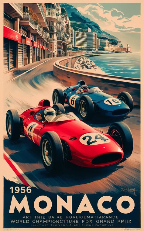 A captivating vintage poster for the 1956 Monaco Grand Prix, showcasing the unparalleled speed and glamour of this iconic racing event. Two sleek vintage racing cars are depicted racing past each other, one in striking red with the number "24" and the other in elegant blue with the number "16". The backdrop features the stunning architecture of Monaco, with its narrow streets and glittering Mediterranean Sea. The poster highlights the event date and its significance as part of the World Champion Racing Posters Vintage, Vintage Car Posters Ferrari, Vintage Race Poster, Vintage Formula 1 Posters, Monaco F1 Poster, Vintage Car Poster Design, F1 Posters Vintage, Car Posters For Room, Retro Racing Poster