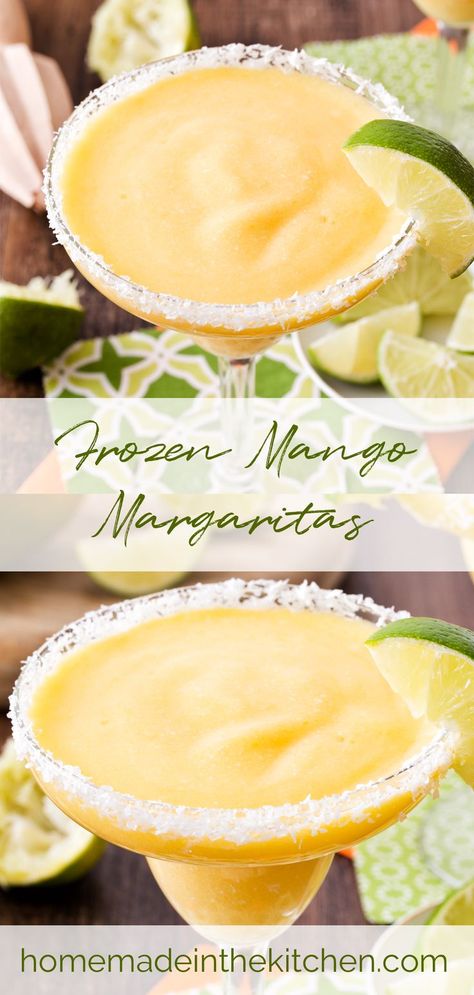 Chill out with Frozen Mango Margaritas (with or without alcohol!) Virgin Margarita Recipes, Mango Margarita Recipe Frozen, Recipe With Coconut Milk, Virgin Margarita, Mango Margaritas, Coconut Tequila, Mango Margarita Recipe, Homemade Drinks Recipes, Frozen Mango Margarita