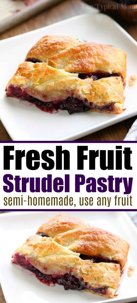 Easy strudel pastry filled with fresh fruit and made with puff pastry is here! A perfect holiday treat to serve at brunch, breakfast, or for dessert. #strudel #fruit #blackberry #dessert #pastry #puffpastry Puff Pastry Fruit, Pastry Fruit, Blackberry Dessert, Sweet Dinner Rolls, Easy Puff, Puff Pastry Desserts, Easy Puff Pastry, Fav Food, Fruit Filling