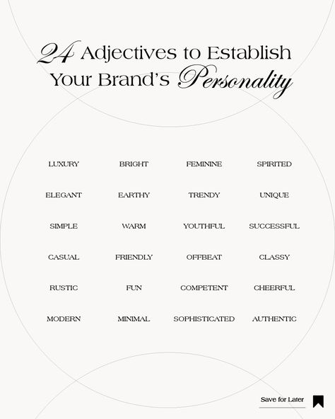 A full list of adjectives and keywords perfect to describe any brand. Modern and friendly brands, rustic and authentic brands, elegant and classy brands, and combinations in between. We recommend picking 3 - 4 words from this list to describe your brand | brand design inspiration, branding design, visual identity, branding inspiration #creativity #design #branding #logo Creating A Brand Name, Classy Names For Instagram, Elegant Words To Use, Brand Words List, Words To Describe Your Brand, Branding Projects Ideas, Luxury Words List, Names For Websites, Cool Branding Design Visual Identity