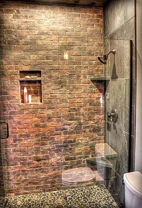 A peek inside this enchanting rustic lake house in Northwestern Wisconsin Brick Tiles Bathroom, Brick Bathroom, Basement Bathroom Design, Shower Wall Tile, Wall Tiles Design, Rustic Bathroom Designs, Stone Bathroom, Rustic Bathrooms, Shower Tile Designs