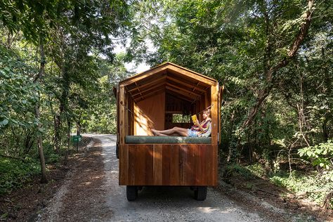 This tiny home crafted from timber can be attached to your car for the ultimate flexible lifestyle! Diy Tiny Cabin, Tiny House Blog, Small Sink, Tiny Cabin, Camping Glamping, Tromso, Weather And Climate, Wooden House, Prefab Homes