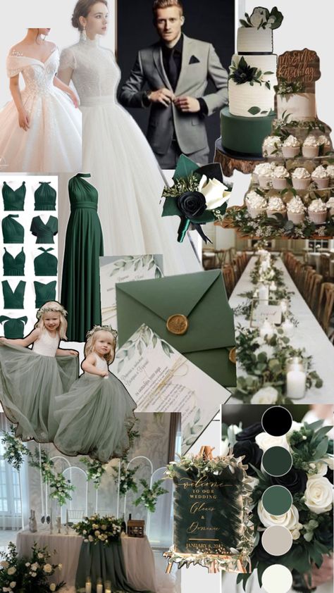 Emerald Green Wedding Color Palette, Green Black Wedding, Emerald Wedding Cake, Emerald Green Wedding Theme, Wedding Motif, Groomsman Proposal Box, Emerald Green Wedding, Jade Wedding, Groomsman Proposal