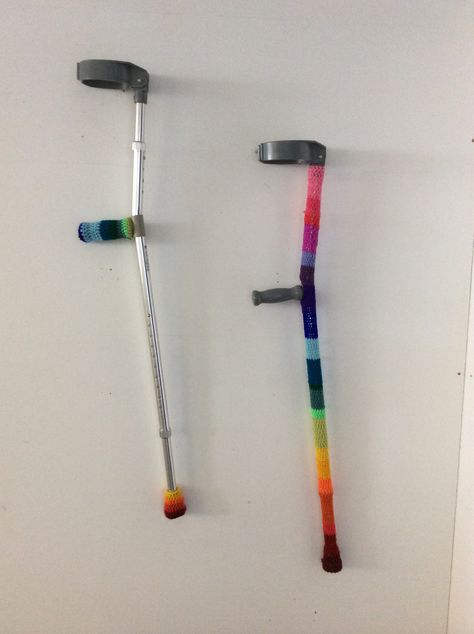 Yarn bombed crutches. Charlotte Hawksworth. Craft activism. Mental health. Recovery. Crutch Aesthetic, Mobility Aid Aesthetic, Crutches Decorated, Crutches Aesthetic, Christopher Diaz, Cloud Craft, Mental Health Recovery, Wheelchair Accessories, Punk Pins