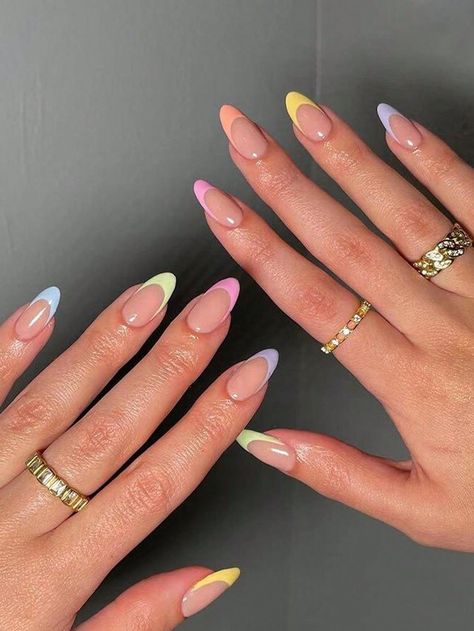 Summer Nails 2024 Almond Shape, Nails Inspo Spring 2024, Nail Inspo Trendy 2024 Spring, French Pastel Nails, French Tip Pastel, Fun French Tips, Colorful French Nails, Colorful French Tips, Dominican Nails