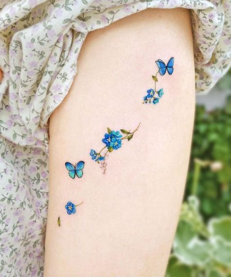 Butterfly Tattoos With Meaning, Tato Geisha, Blue Flower Tattoos, Butterfly Neck Tattoo, Unique Butterfly Tattoos, Butterfly Wrist Tattoo, Butterfly Tattoo On Shoulder, Small Butterfly Tattoo, Butterfly Tattoos For Women