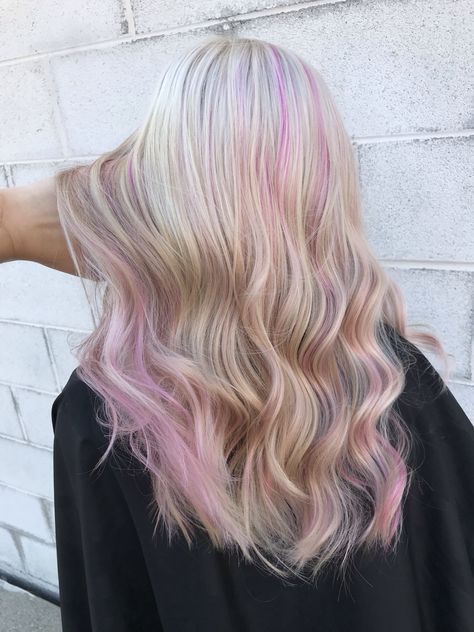 Blonde Hair With Pink Undertones, Blonde Balayage With Pink Highlights, Light Pink Highlights In Blonde Hair, Hex Hall, Pink And Blonde Hair, Blonde Hair With Pink, Baby Pink Hair, Blue And Pink Hair, Blonde Hair With Pink Highlights