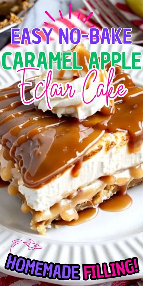 No-Bake Caramel Apple Eclair Cake is the perfect treat for those who crave something sweet and delicious without the hassle of baking. This dessert is incredibly easy to make and is sure to impress your family and friends. Join me in creating this delightful no-bake No Bake Caramel Apple Eclair Cake, Caramel Apple Eclair Cake, No Bake Lemon Eclair Cake, Apple Eclair Cake, Apple Eclair, Eclair Cakes, Lemon Eclair, Baked Caramel Apples, Homemade Vanilla Pudding