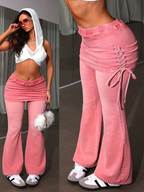 Women's Solid Color Elastic Waist Ruched 2 In 1 Flare Leg Jeans Pink Casual   Denim Plain Flare Leg High Stretch  Women Clothing, size features are:Bust: ,Length: ,Sleeve Length: Pink Flare Jeans, Stretchy Leggings, Knit Leggings, Flare Leg Jeans, Cosplay Dress, Women Denim Jeans, Inspiration Mode