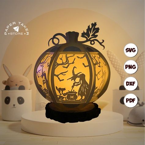 Witch Halloween Light Box SVG For Cricut Projects, Halloween Paper Pumpkin Lantern Night Light SVG Template 3d Cricut, Shadow Light Box, Silhouette Paper, Paper Box Template, Lantern Christmas, Projets Cricut, 3d Shadow Box, Paper Light, Pumpkin Lights