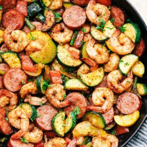 20 Minute Shrimp, Sausage, Veggie Skillet - SweatNET Recipes With Sausage, Cajun Shrimp And Sausage, Vegetable Skillet, Veggie Skillet, Skillet Shrimp, Shrimp And Sausage, Summer Seafood Recipes, Shrimp Sausage, Shrimp And Vegetables