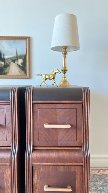 Katie Scott | Furniture Refinisher on Instagram: "Let’s make something! This Art Deco Waterfall Vanity was TOAST. I dismantled the two drawer towers and used them created some stunning nightstands instead. I have an incredible bonus mirror to hang on the wall now too 😉 These are painted in @fusionmineralpaint “Chocolate” and the wood fronts are stained in @samanstain “Walnut” #fusioninfluencer #paintitbeautiful #modernvintage #vintage #fleamarketstyle #interiordesign #recycled #upcycled #193 Waterfall Dresser With Mirror, Waterfall Vanity Repurposed, Art Deco Waterfall Nightstand, Art Deco Night Stands, Art Deco Night Stand, Waterfall Nightstand Makeover, Waterfall Desk Makeover, Art Deco Vanity Makeover, Waterfall Vanity Makeover