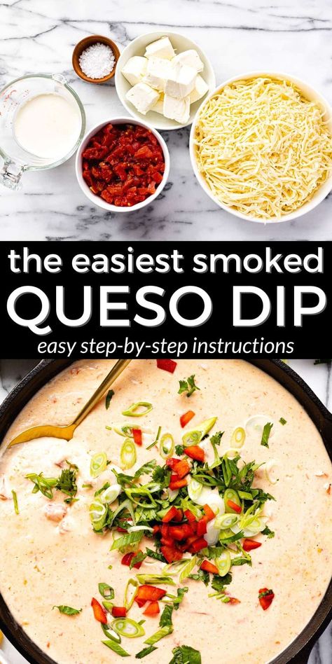 Smoked Queso No Velveeta, Grilled Queso Dip Without Velveeta, Queso Recipe No Velveeta, Southwest Appetizers, Queso On The Grill, Grilling Appetizers, Smoked Queso Dip, Smoked Queso, Traeger Cooking