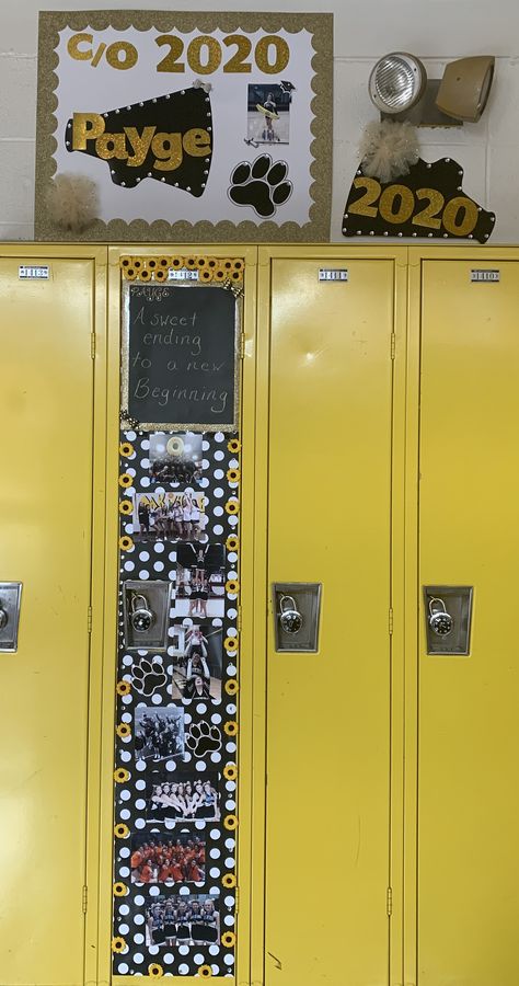 Senior Locker Decorations Ideas Cheer, High School Senior Locker Decoration, Senior Locker Room Decorations, Senior Locker Decorations, Cheerleader Locker Decorations Ideas, Senior Night Locker Decorations, Senior Locker Decorations Ideas, Decorated Lockers For Sports, Cheerleading Locker Signs