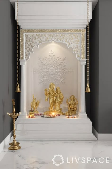 Mini Temple, Pooja Unit, Temple Room, Ganesh Lord, Mandir Design, Temple Design For Home, Living Room Decor Rustic, Pooja Mandir, Farmhouse Interior Design