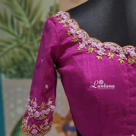 Radiance in Raspberyy Embroidery Blouse Our stunning Raspberry colored Blouse meticulously adorned with Pink and Gold Embroidery 💗 This Blouse mesmerizing design of Floral motifs and intricate patterns by sparkle Kundan and cutdana work along the borders and sleeves ✨️ @lantanaboutiquebangalore Marathahalli,Bangalore #bride #bridalware #bridalblouse #blousedesign #embroiderylove #Embroidery #sleevesdesign #neckline #cutdana #kundan #floralmotifs #threadwork #borders #sleevesdesign #si... Cutdana Work, Raspberry Color, Maggam Work, Gold Embroidery, Embroidery Blouse, Thread Work, Floral Motifs, Work Blouse, Intricate Patterns