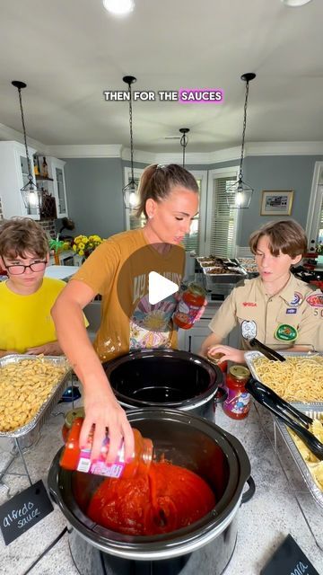 Jess McCorkle on Instagram: "Pasta Bar: 🍝I also did 4 types of noodles: bowtie, rotini, regular spaghetti and gluten free (separated from the gluten to prevent cross contamination). 🥗 We also made a caesar salad station. 💡 Pro tip: your son’s boyscout troop can come over and open lids to save time 🤣   Comment “link” for a DM of the supplies I used (make sure you’re following me first or the message won’t go through)   Making a pasta bar is an inexpensive way to feed a lot of people when hosting parties. Here’s how you can make your own pasta bar" How To Host A Pasta Bar Party, Pasta For 30 People, Pasta Station Ideas Parties, Pasta Bar For A Crowd, Pasta Buffet Ideas Parties, Pasta Bar Party Ideas, Pasta For A Crowd Parties, Pasta Making Party, Pasta Station Ideas