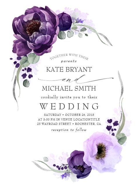 Modern Rehearsal Dinner, Silver Wedding Invitation, Country Invitations, Purple And Silver Wedding, Purple Peony, Boho Purple, Silver Wedding Invitations, Spring Wedding Invitations, Purple Peonies