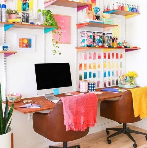 colorful and fun home office or remote working spaces to recreate in your home. Bureau Hack Ikea, Track Shelving, Cozy Office Space, Work Desk Organization, Ikea Desk Hack, All White Bedroom, Study Table Designs, Ikea Desk, Office Colors