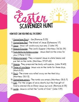 Resurrection Sunday Activities For Kids, Gospel Scavenger Hunt, Christian Egg Hunt Ideas, Easter On Vacation, Youth Easter Activities, Christian Easter Scavenger Hunt, Sunday School Scavenger Hunt For Kids, Easter Hunt Ideas For Kids, Easter Scavenger Hunt For Adults