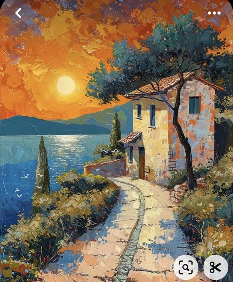 Beautiful House Painting, Mountain Sunset Painting, Sea Backdrop, Sea Landscape Painting, Oasis Poster, Hill Painting, Mediterranean Paintings, Peaceful Countryside, House Coastal