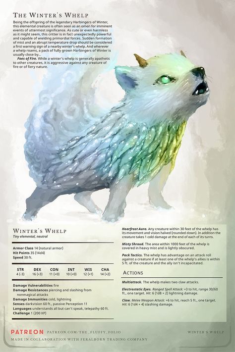 Dnd Animal Companion Art, Dnd Magic Creatures, Mythical Winter Creatures, Dnd Pet Ideas, Winter Fey Dnd, Fey Animals Dnd, Feywild Animals, Dnd Winter Creatures, Dnd Fairytale