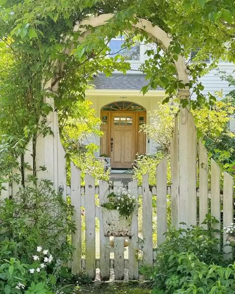 White Picket Fence Garden, Picket Fence Gate, Arched Trellis, Picket Fence Garden, Wood Fence Ideas, Wood Picket Fence, Garden Gates And Fencing, Garden Gate Design, Fence And Gate