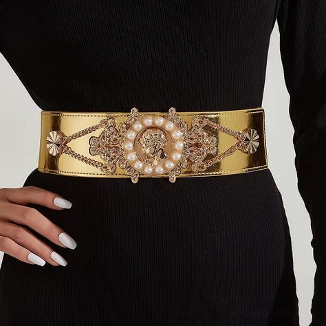 Casual Pearl Wide Waist Seal Dress Decoration Elastic Belts 1. Elastic Belts For Women, Wide Belts For Women, Dress Decoration, Ikat Pinggang, Gold Belt, Metal Fashion, Branded Belts, Wide Waist, Fashion Belts