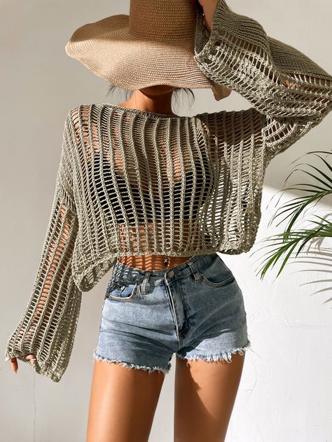 SHEIN ICON Open Knit Bell Sleeve Sheer Sweater Without Bra | SHEIN USA Mesh Top Outfit, Crop Pullover, Without Bra, Sheer Sweater, Mode Crochet, Mesh Tops, Sweater Layering, Paris Woman, Open Knit Sweater