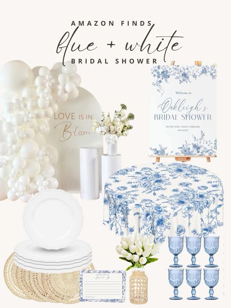 Blue and white bridal shower decor 💙 this is also such a cute baby shower theme!!  Baby shower, bridal shower, Amazon bridal shower, Amazon finds, balloon arch, bridal shower inspo, wine glasses, party decor   #LTKfindsunder50 #LTKparties #LTKwedding  Follow my shop @The.BasicBee on the @shop.LTK app to shop this post and get my exclusive app-only content!  #liketkit  @shop.ltk https://liketk.it/4Ecbb Blue Bridal Luncheon, Bridal Shower Blue And Gold, Light Blue Wedding Shower Ideas, Blue And White Bridal Shower Backdrop, Blue Bridal Brunch, Something Blue Balloon Arch, Blue Wedding Shower Theme, Bridal Shower All White, Blue And White Bridal Party