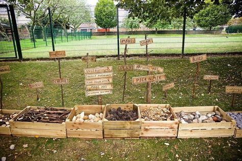 Outdoor Reading Area School, Natural Preschool Playground, Forest School Storage, Opal Playground, Montessori Outdoor Environment, Daycare Backyard, Loose Parts Play Outdoor, Windy Forest, Outside Classroom