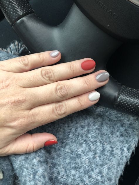 Red Grey White Nails, Scarlet And Grey Nails, Grey Red Nails, Red Grey Nails, Red Gray Nails, Gray And Red Nails, Muted Red Nails, Grey And Red Nails, Red And Gray Nails