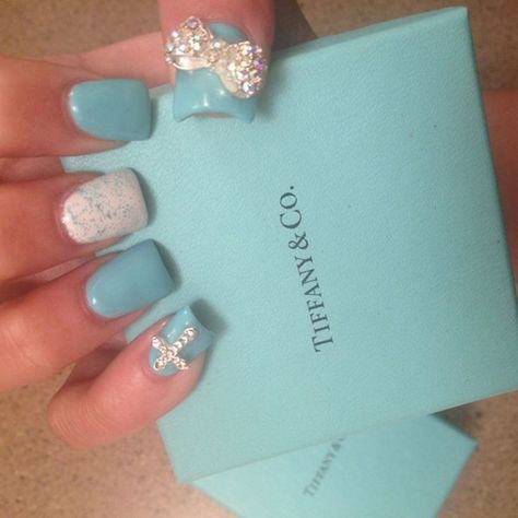 Blue Nails With Silver, Nails With A Bow, Christian Nails, Glitz Nails, Badass Nails, Mining Tools, Tiffany Blue Nails, Designed Nails, Flared Nails