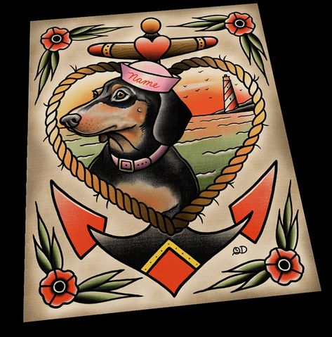 Flash Portrait, Dog Portrait Tattoo, Puppy Tattoo, Blue Dachshund, Dachshund Tattoo, Tattoo Dog, Dachshund Funny, Old School Tattoo Designs, Traditional Tattoo Art