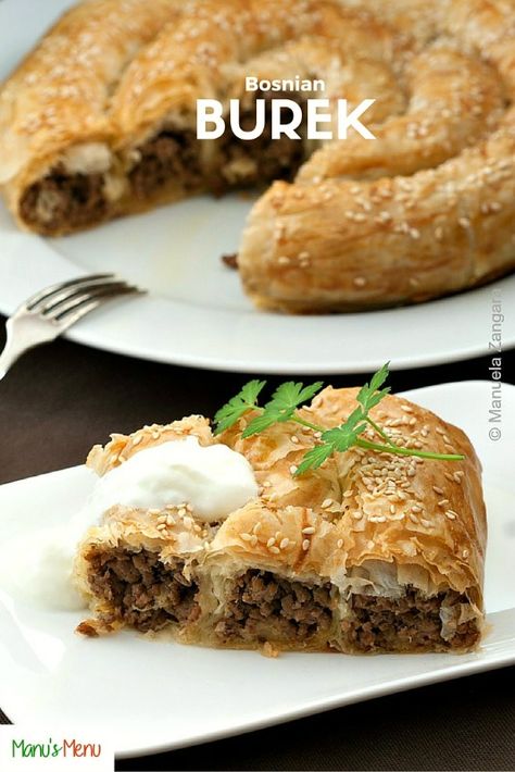 Bosnian Burek - a baked phyllo pastry filled with meat, traditionally made in the former Ottoman Empire. Burek Recipe Bosnian, Bosnian Burek, Turkish Food Traditional, Burek Recipe, Phyllo Pastry, Bosnian Recipes, Macedonian Food, Eastern European Recipes, Savory Pies