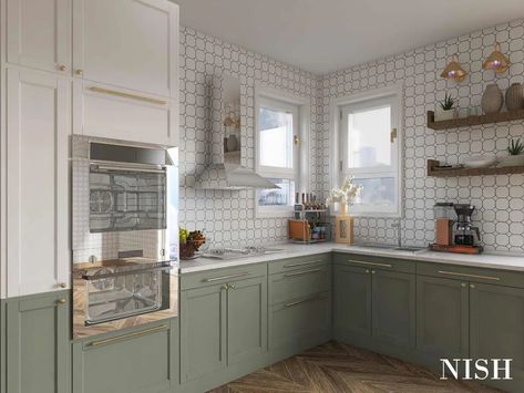 Sherwin williams Acacia Haze on kitchen cabinets Green Cabinets Gold Hardware, Green Kitchen Cabinet Colors, Twilight Kitchen, Cabinets Gold Hardware, Acacia Haze, Sage Green Kitchens, Two Toned Kitchen, Neutral Cabinets, Green Kitchen Cabinet