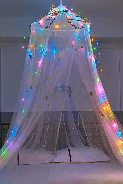 Curtains With Led Lights, Diy Princess Room Decor, Bedroom Ideas Without Bed, No Bed Bedroom Ideas, Girls Room Bed, Diy Princess Room, Mosquito Net Diy, Bed Canopy Curtains, Bed Canopy With Lights