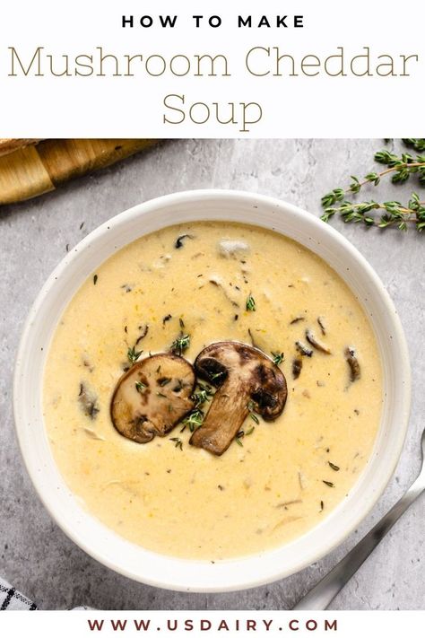 Avoid the mess in your kitchen with our one-pot Mushroom Cheddar Soup. It takes less than an hour to make and is the perfect recipe during the chilly winter months. Made with lactose-free whole milk and shredded cheddar cheese, this soup is vegetarian-friendly and absolutely delicious! Mushroom Soup Crockpot, Mushroom Potato Soup, Dairy Recipes, Lactose Free Recipes, Homemade Soup Recipe, Shredded Cheddar Cheese, Vegan Soup Recipes, Cheddar Soup, Supper Recipes